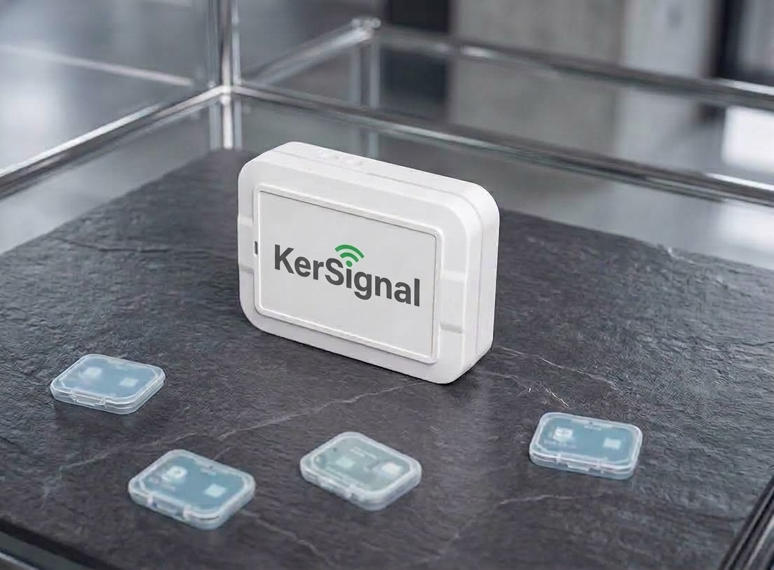 Meliflo gateway and four sensor modules on a slate surface